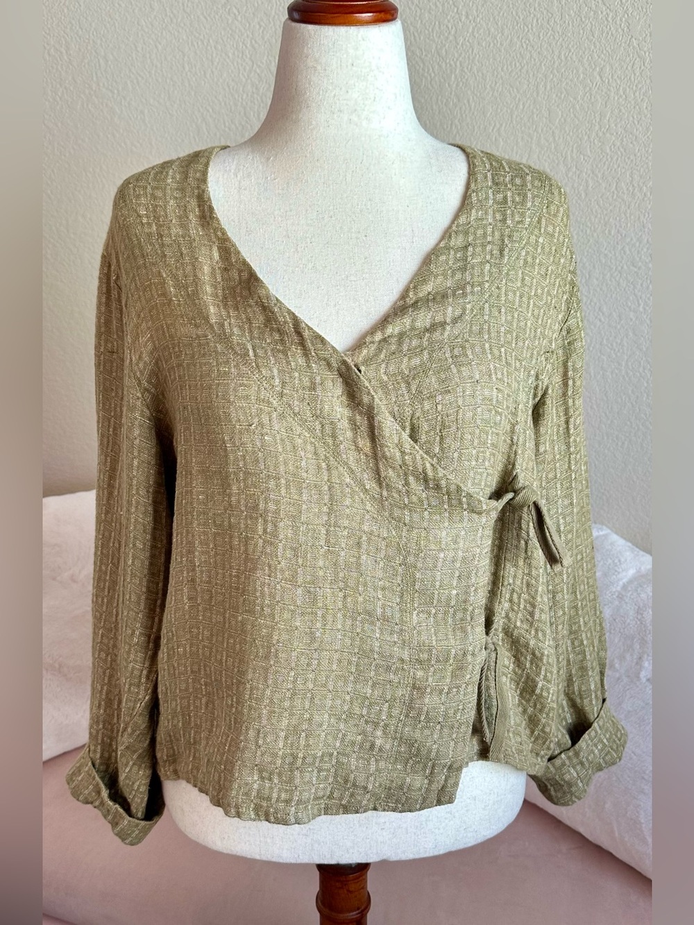 FLAX 100% Linen Tunic Wrap Side Tie Top Women’s Sz M Beige Long Sleeve Lagenlook